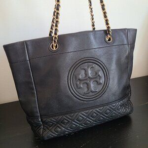 Tory Burch Black Quilted Leather Logo Tote with Gold Chain Straps